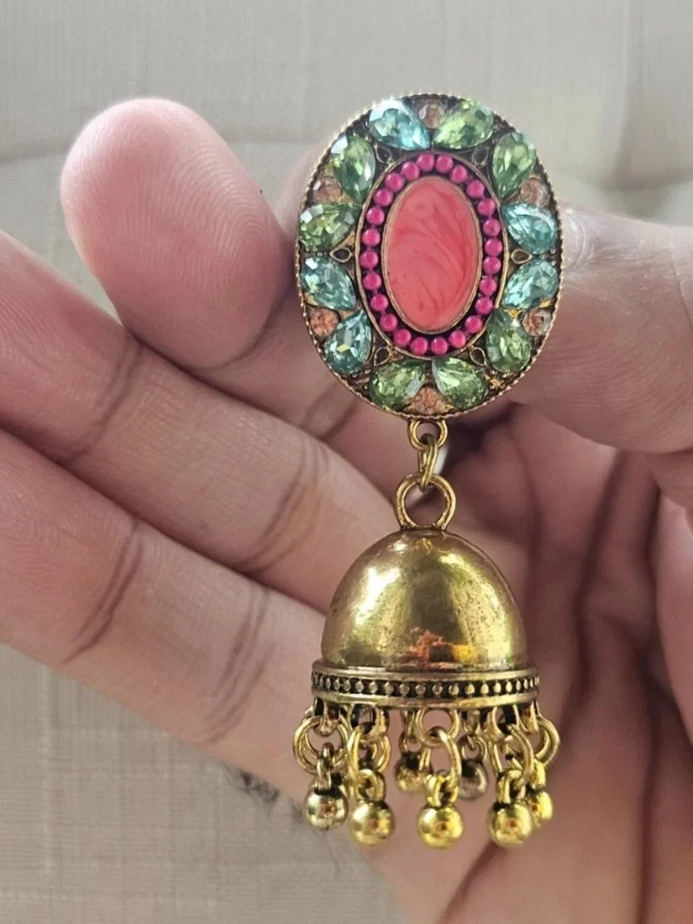 Pakistani Earrings Jhumka Fashion Jewelry Gold Tone Pink Beads Chandelier New - Picture 3 of 13